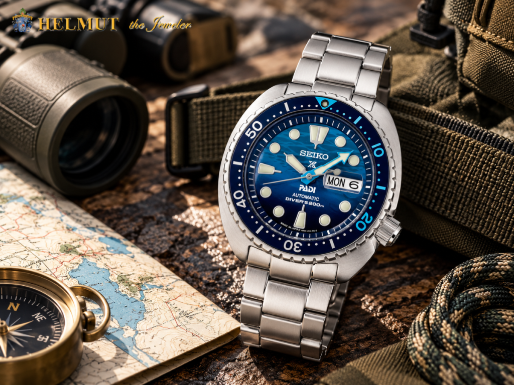 Blue Seiko diver watch styled with outdoor gear