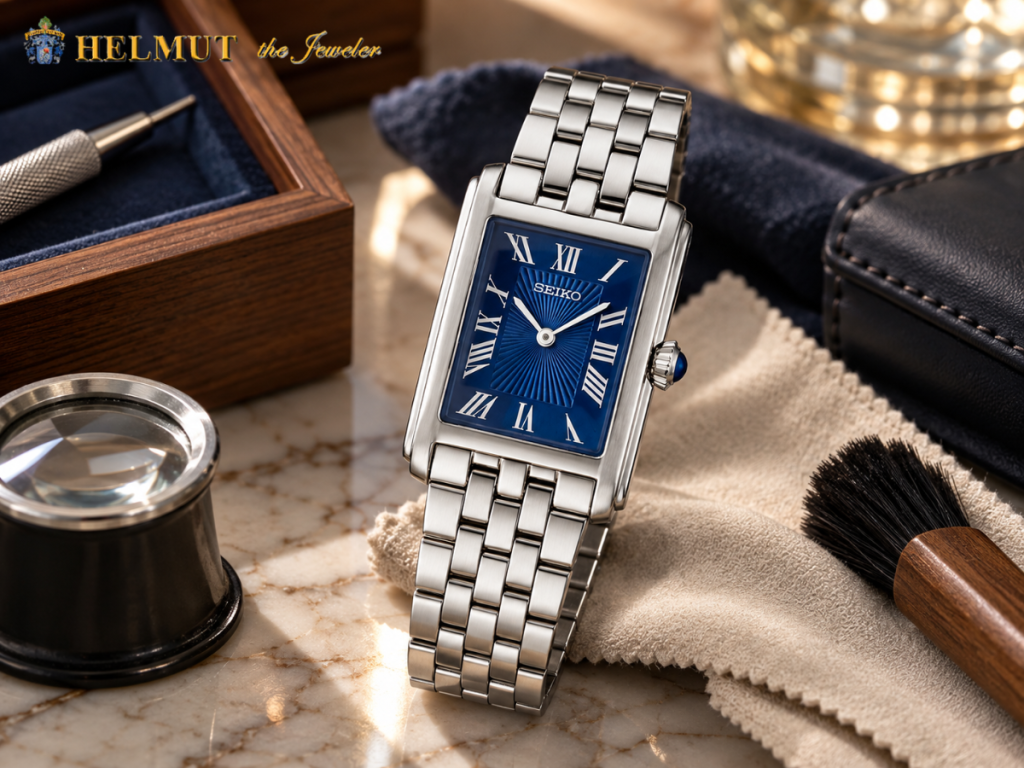 Rectangular blue dial Seiko watch with steel bracelet