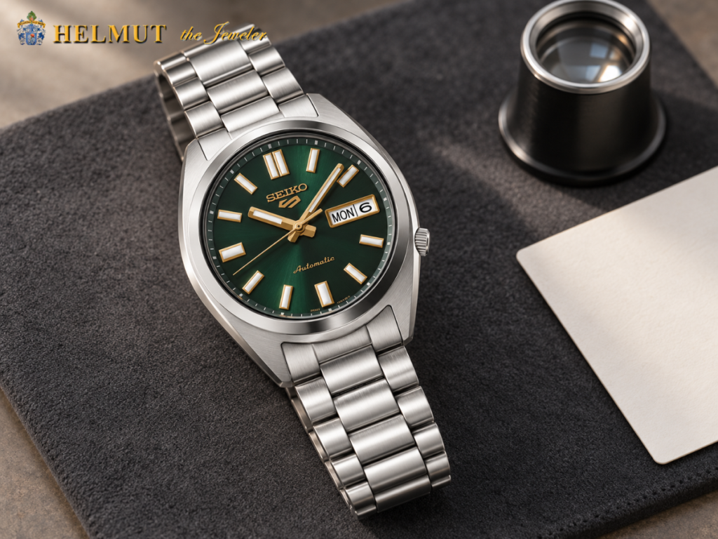 Green-dial Seiko automatic watch with stainless steel bracelet
