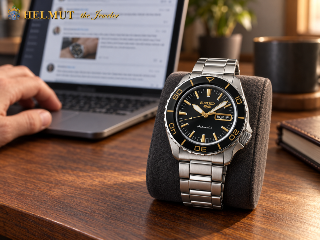 Black-and-gold Seiko automatic watch beside a laptop