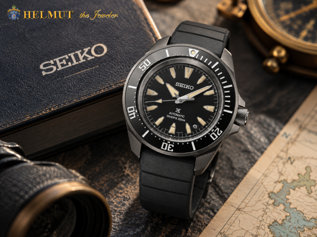 Black Seiko Prospex dive watch with black rubber strap