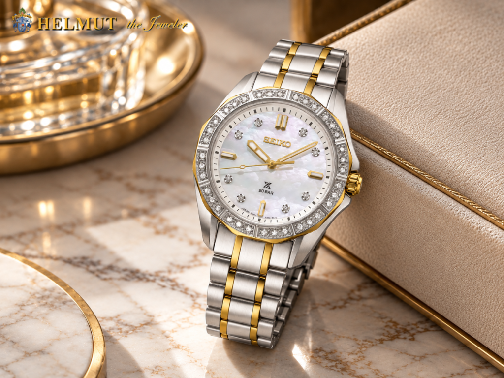 Two-tone Seiko watch with diamond bezel and pearl dial