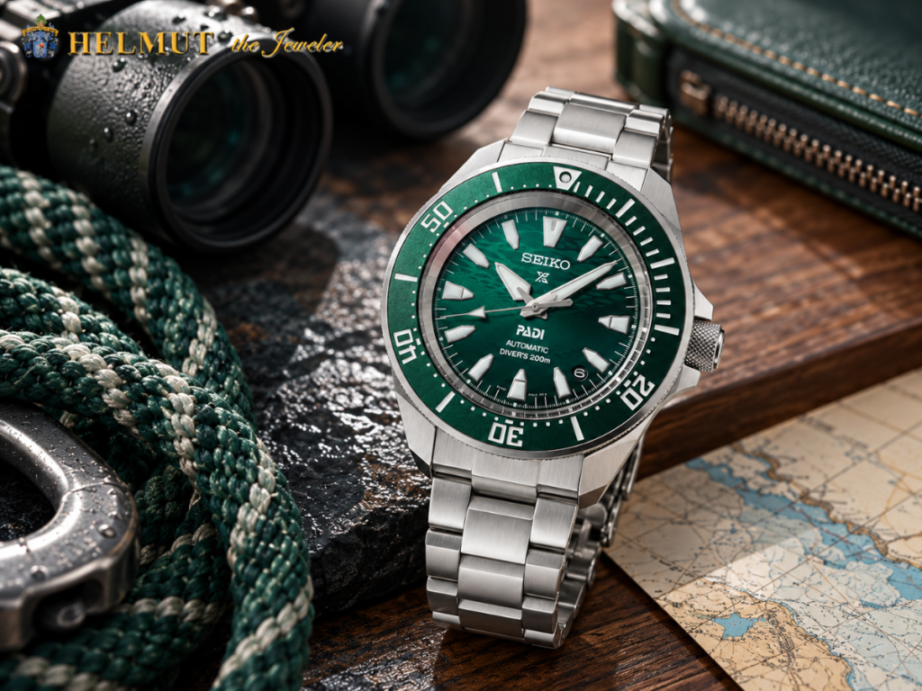 Green Seiko PADI automatic dive watch with steel bracelet