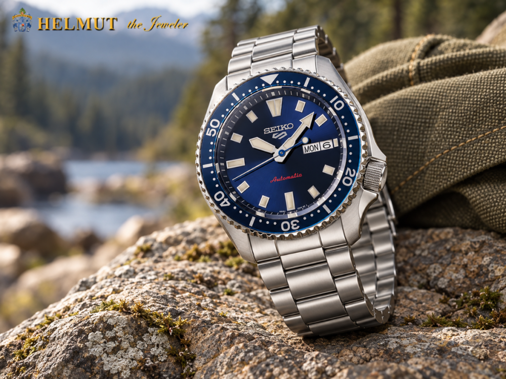 Blue Seiko dive watch displayed on outdoor rocks