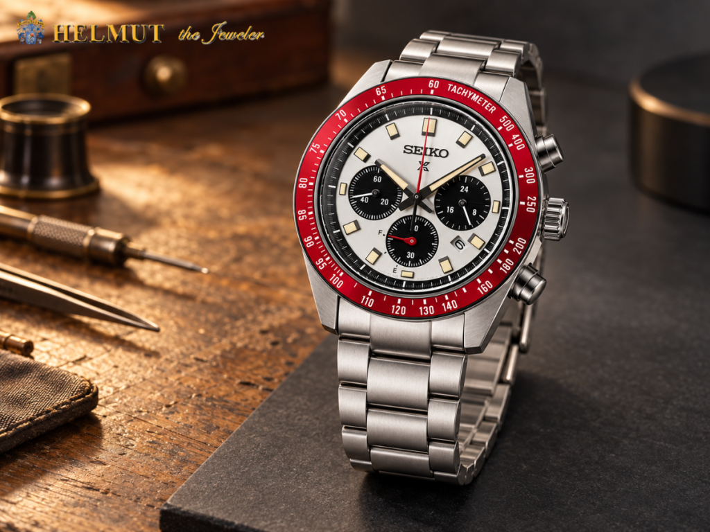 Seiko chronograph watch with red tachymeter bezel