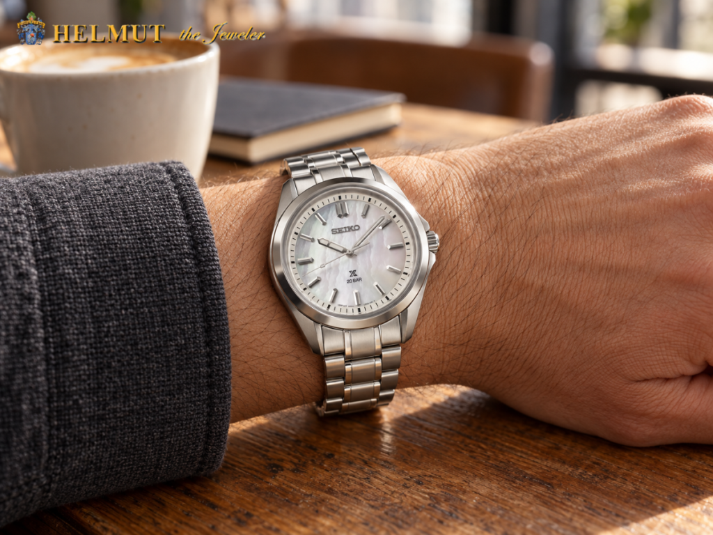 Silver Seiko wristwatch worn for everyday casual style