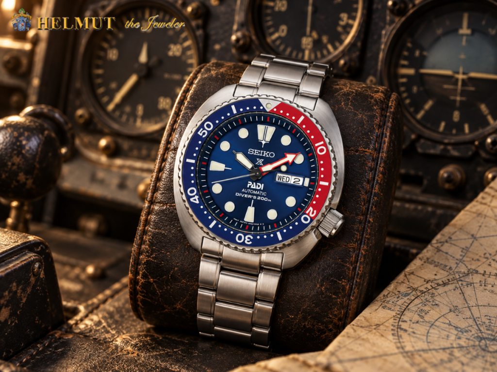 Blue and red Seiko dive watch with stainless steel bracelet