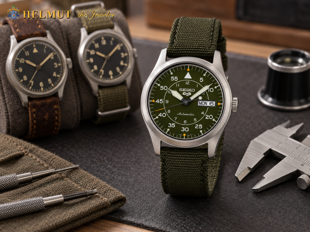 Green dial Seiko field watch with nylon strap
