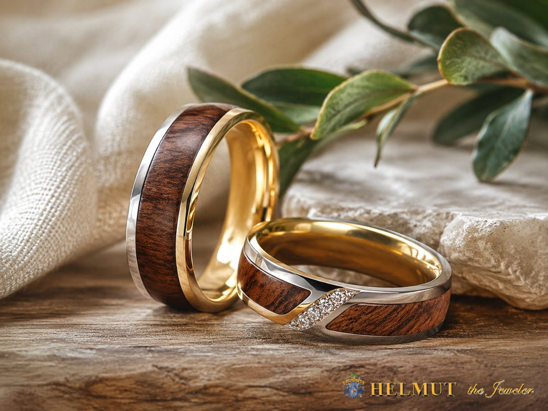 Wood inlay wedding bands with natural gold accents