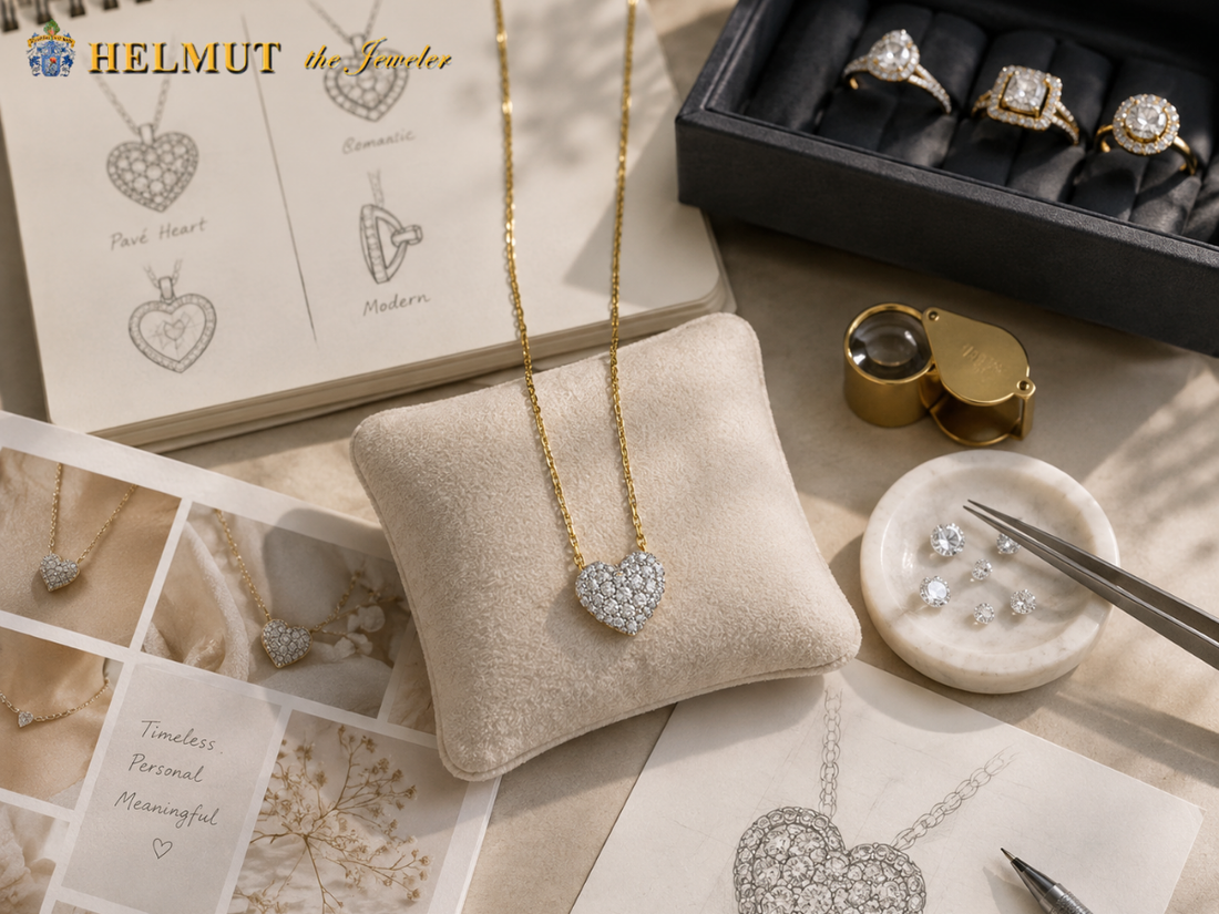 Diamond heart necklace with jewelry design sketches