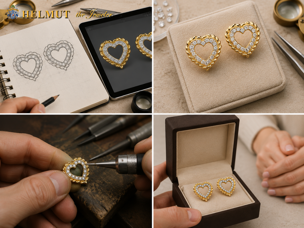 Custom heart diamond earrings from sketch to finish