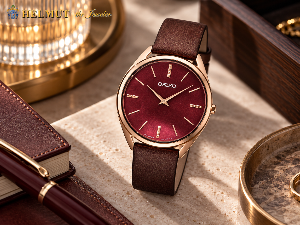 Red dial Seiko watch with brown leather strap