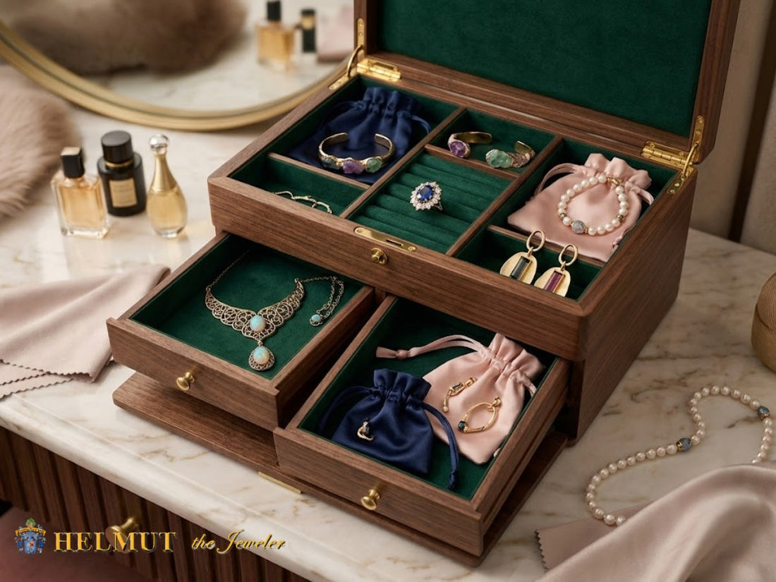 Wooden jewelry box with organized jewelry storage