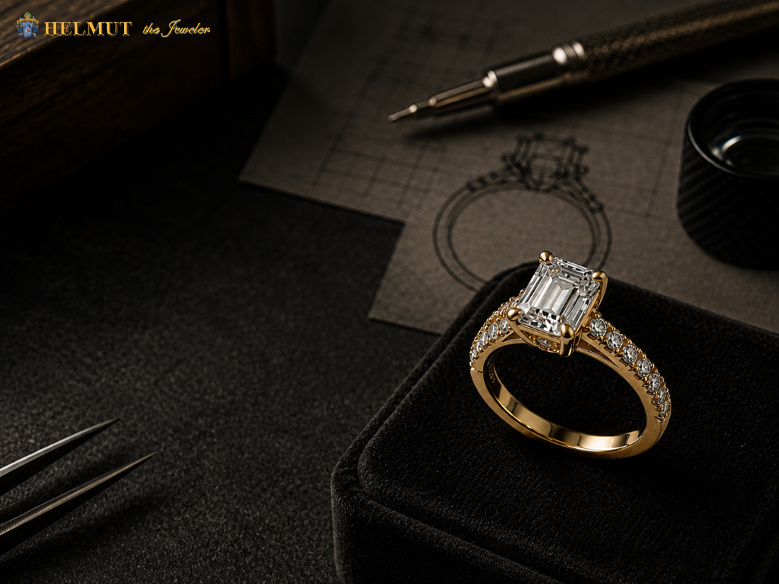 Emerald cut diamond engagement ring on design sketch