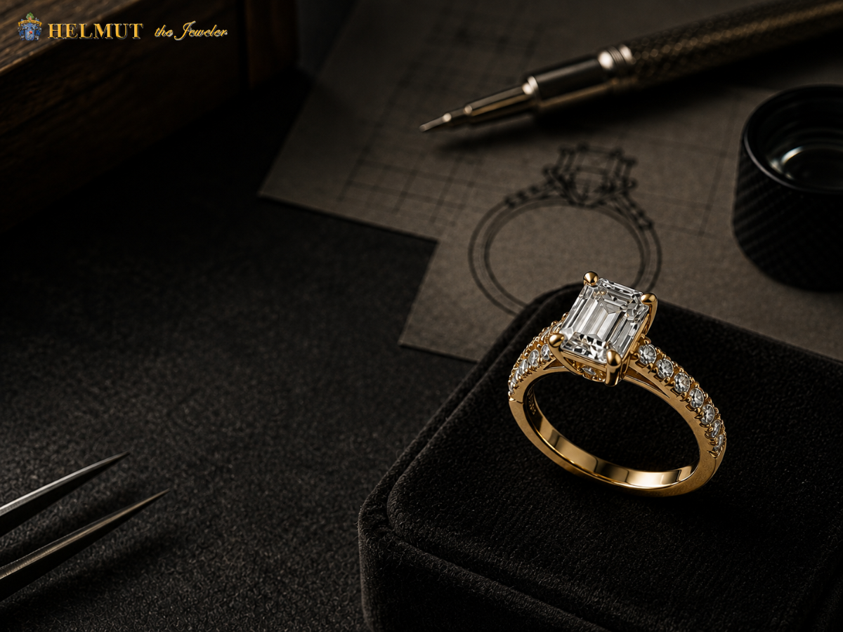 Emerald cut diamond engagement ring on design sketch
