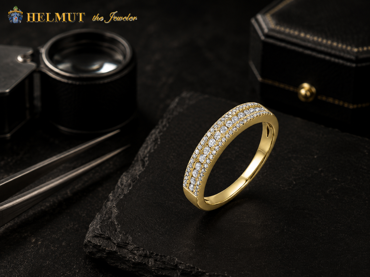Yellow gold pavé diamond band with layered rows