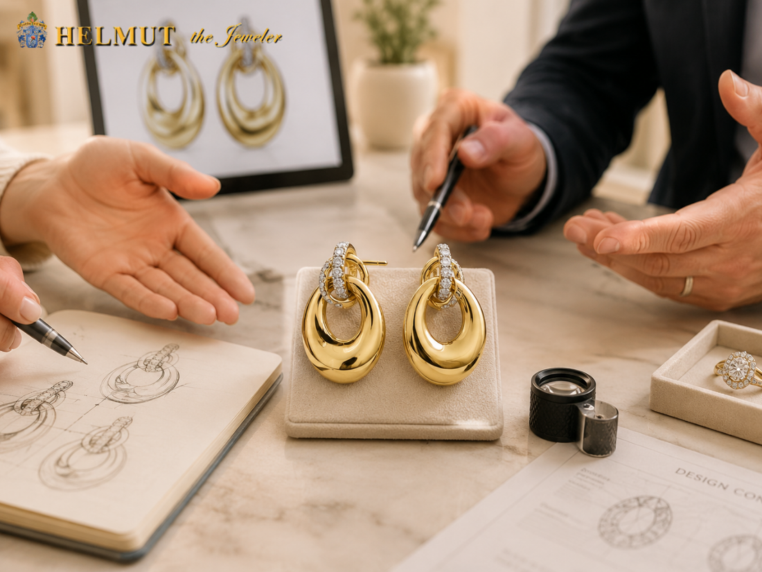 Custom gold earrings presented during design consultation
