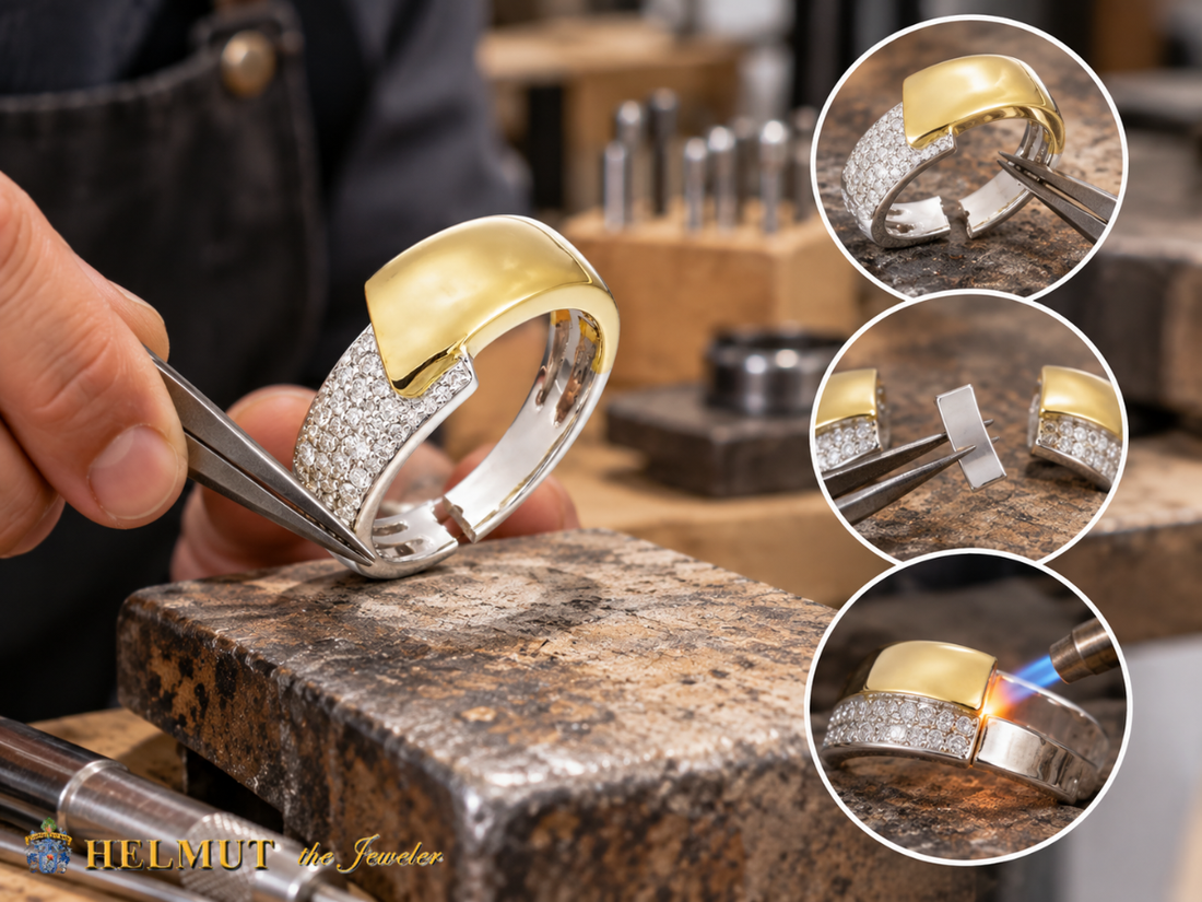 Jeweler repairing two tone diamond ring