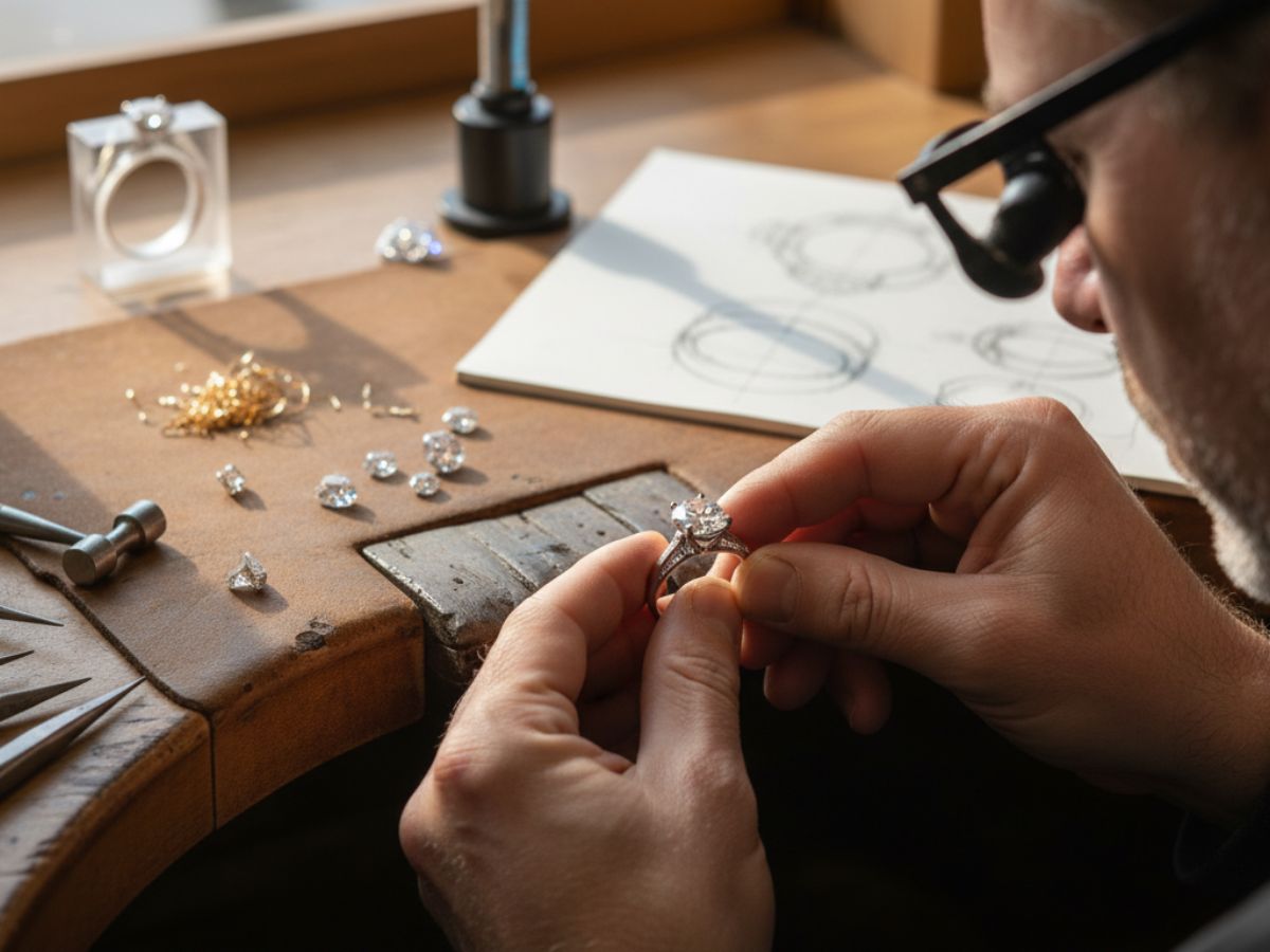 Jeweler crafting custom diamond engagement ring