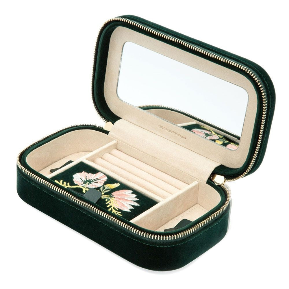 Wolf Zoe Forest Green Floral Zip Jewelry Travel Case
