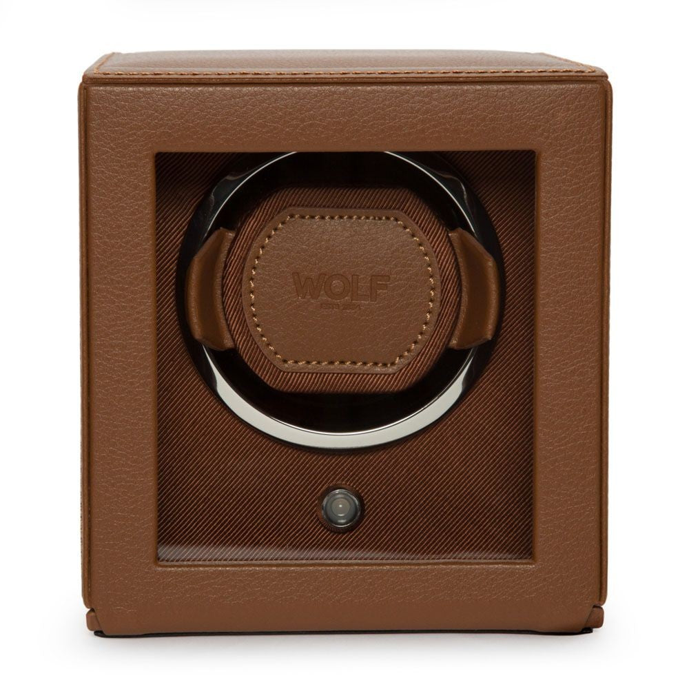 Wolf Cub Single Watch Winder in Cognac with Cover