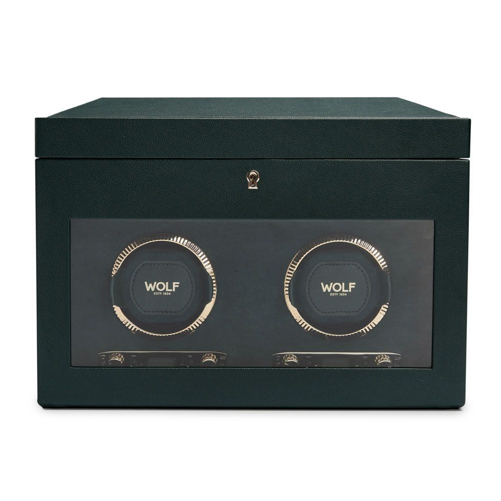 Wolf British Racing Green Double Watch Winder with Storage
