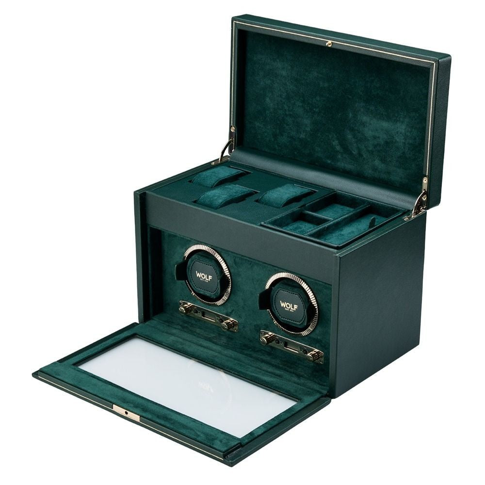 Wolf British Racing Green Double Watch Winder with Storage