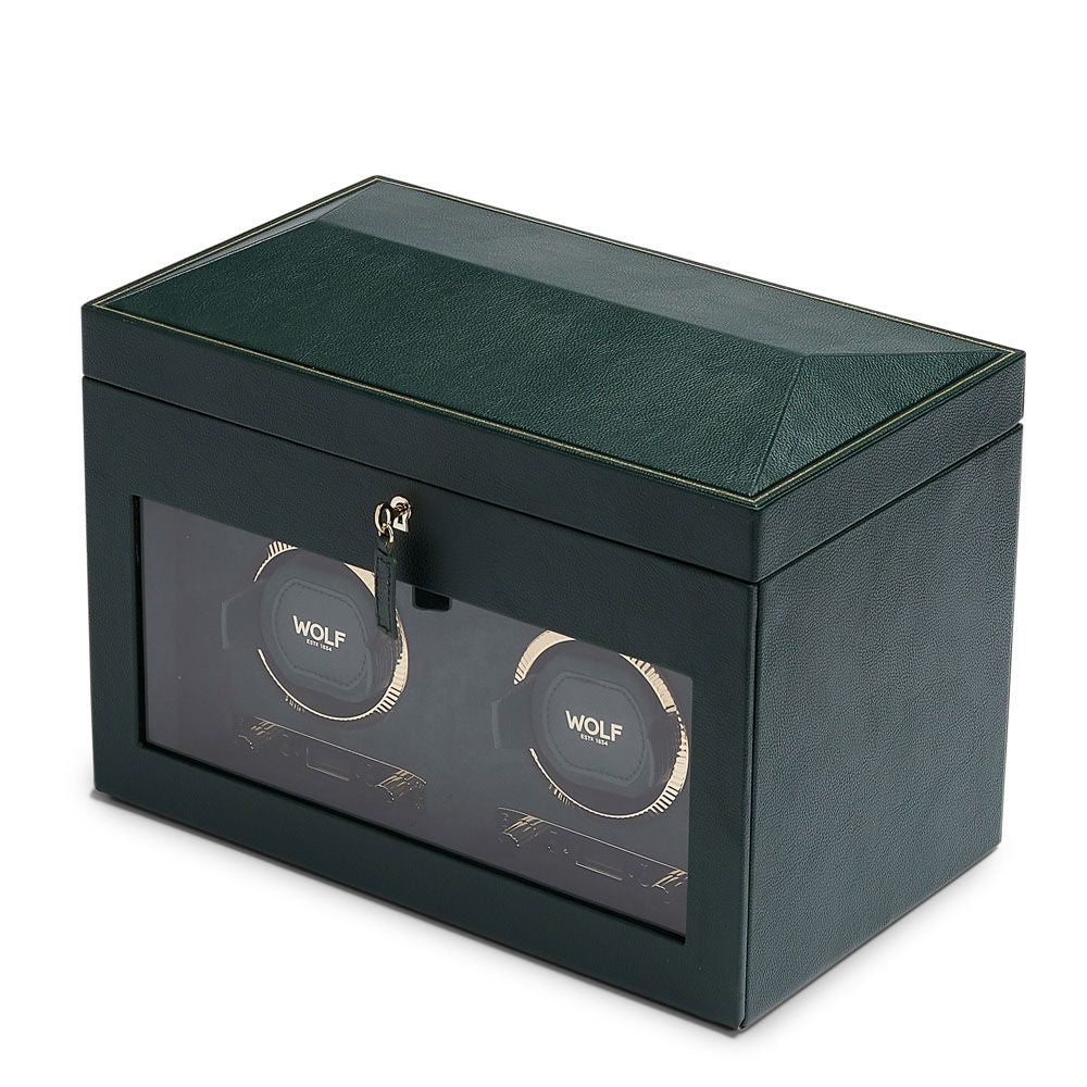Wolf British Racing Green Double Watch Winder with Storage