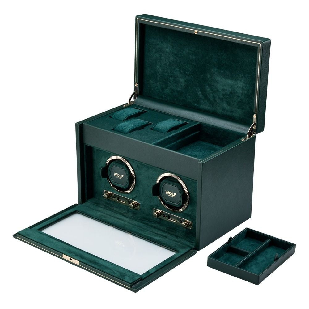 Wolf British Racing Green Double Watch Winder with Storage