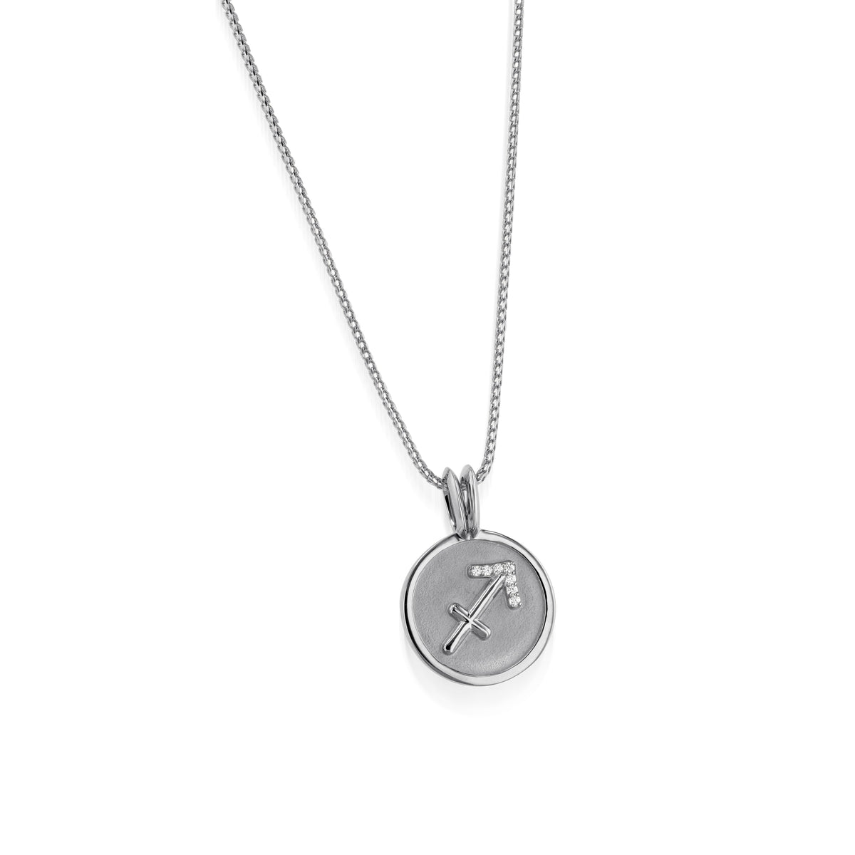 John Atencio Sagittarius Zodiac Medallion Pendant white gold on Franco chain