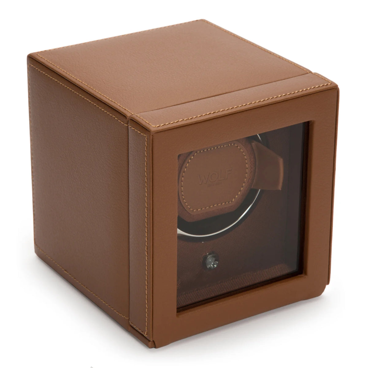 Wolf Cub Single Watch Winder in Cognac with Cover