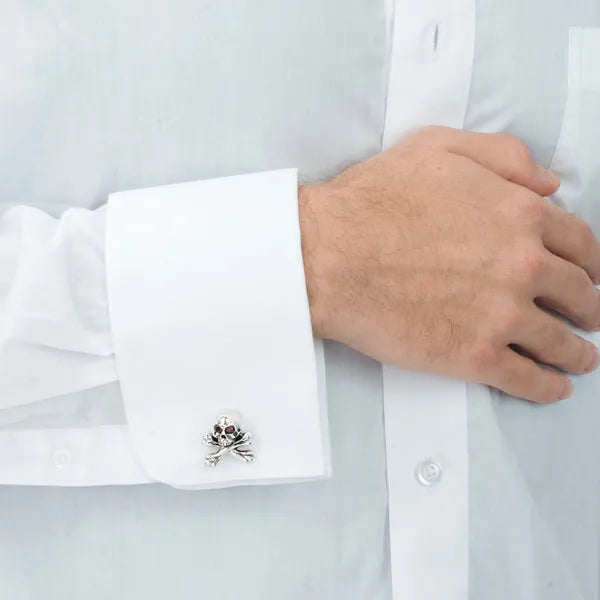Skull & Crossbone Cuff Links With Red Garnet Stones