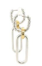A pair of silver-toned drop earrings with a twisted rope design and polished oval links, accented by small gold-toned rings, shown on a white background.