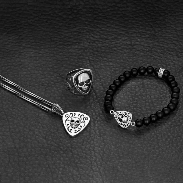 Skull Guitar Pick With Scroll Detail Pendant