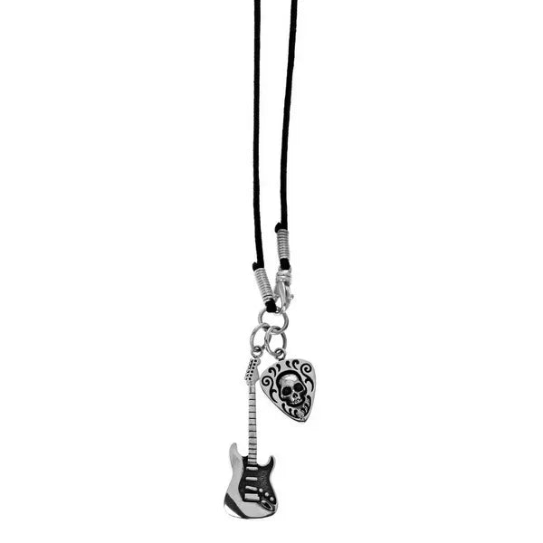 Guitar and Skull Guitar Pick With Scroll Detail Pendants on Wax Cord
