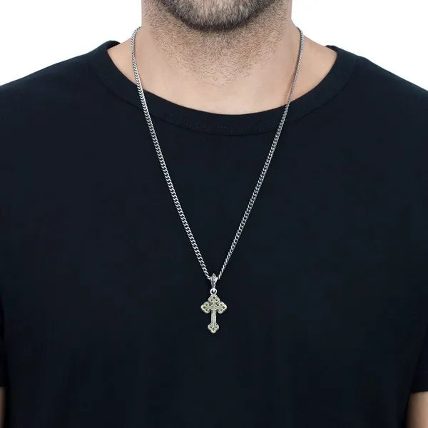 Small Alloy Traditional Cross in Silver Frame Pendant on 24' Curb Link Chain