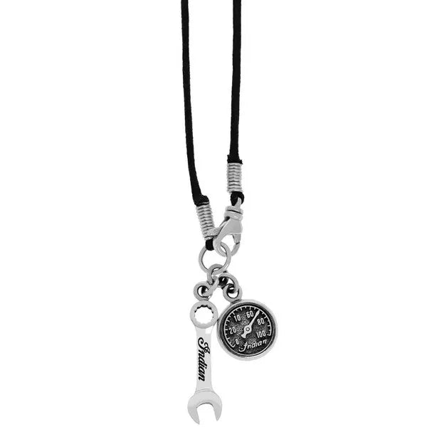 Indian Motorcycle Wrench and Speedometer Pendant on Wax Cord