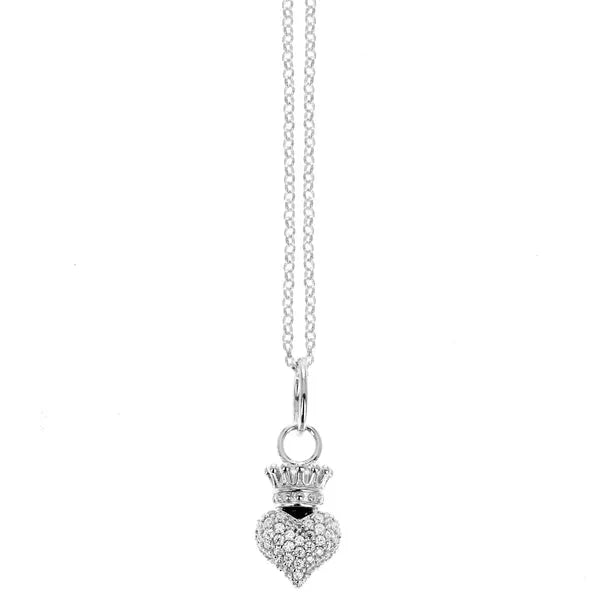 Mini 3d Cz Pave Crowned Heart Pendant W/ Micro Rolo Chain