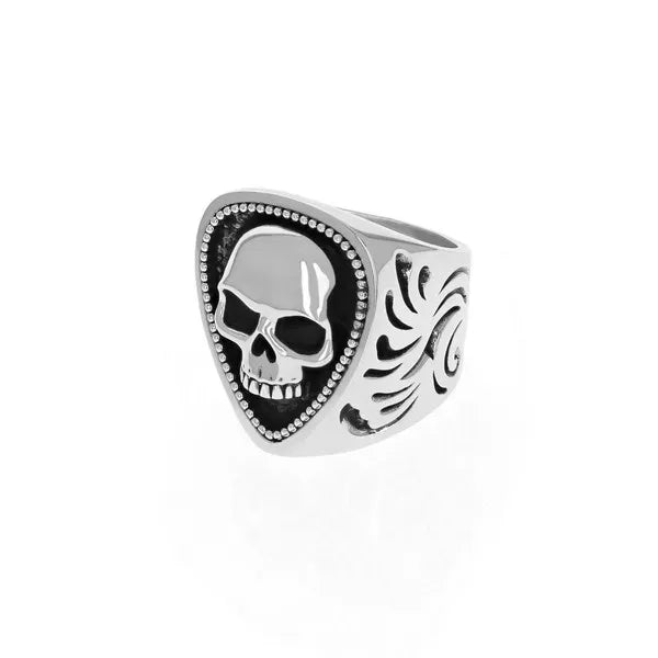 Studded Skull Guitar Pick Ring With Scroll Detail