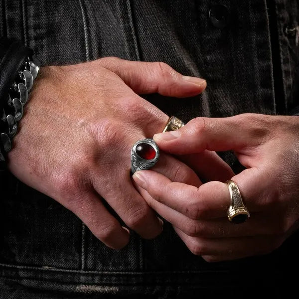 Garnet Oval Stone Ring W/ Wing Detail