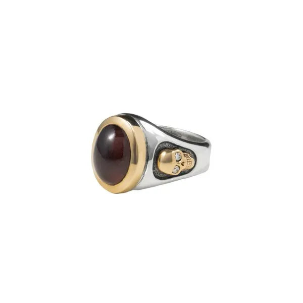 Garnet Oval Stone Ring W/ 10k Gold Skulls and Diamonds