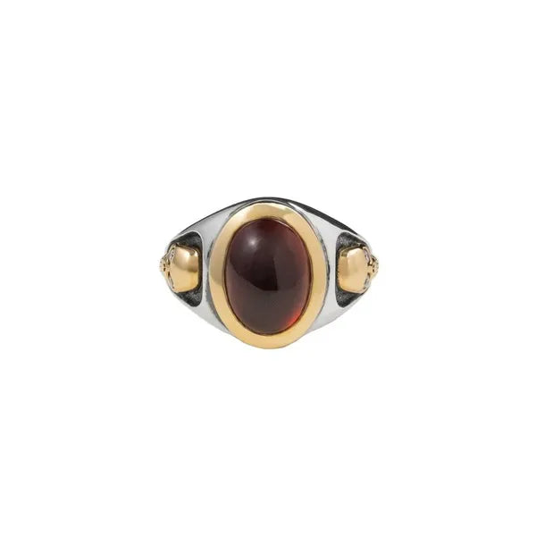 Garnet Oval Stone Ring W/ 10k Gold Skulls and Diamonds