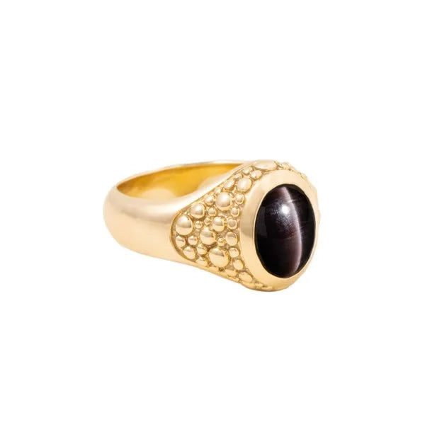 Cat Eye Oval Stone 10k Gold Ring W/ Stingray Texture