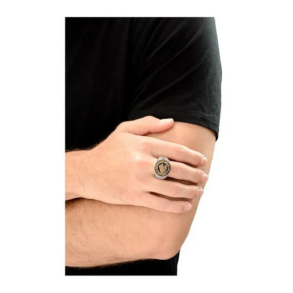Indian Brass Alloy Headdress Signet on Silver Ring With Ribbed Shank