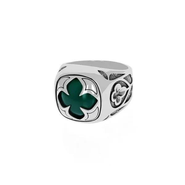 Green Onyx Cutout Mb Cross Stone Ring W/ Relic Cross Detail