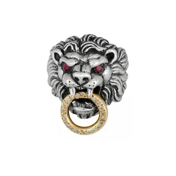 Lion's Head Ring With Gold Toggle With Diamonds and Prec. Stones