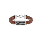 Braided Leather Bracelet W/ Silver Indian Script Logo and Lobster Clasp