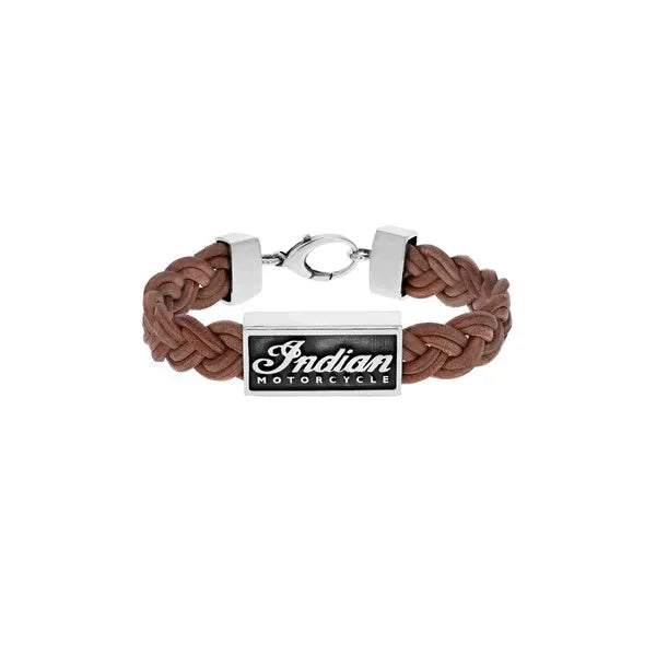 Braided Leather Bracelet W/ Silver Indian Script Logo and Lobster Clasp