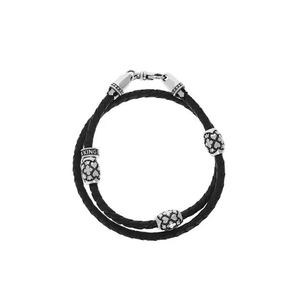 Double Wrapped Leather Bracelet With Motif Barrel Beads