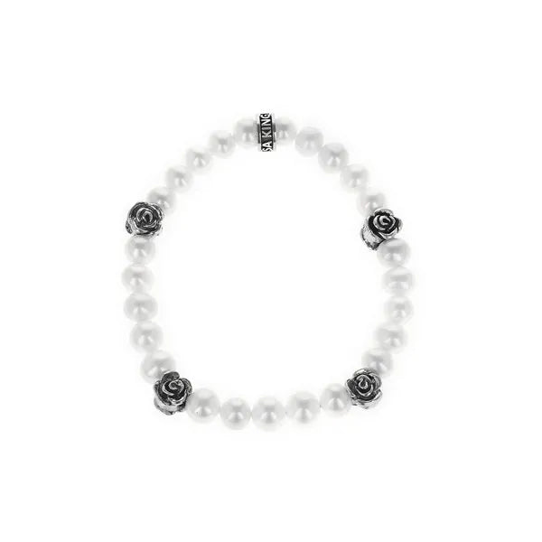 8mm White Pearl Bracelet W/ 4 Silver Rose Beads